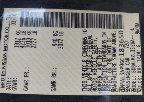 2016 Nissan Altima 2.5 Sv z USA, uszkodzony, nr VIN 1N4AL3AP9GC183650